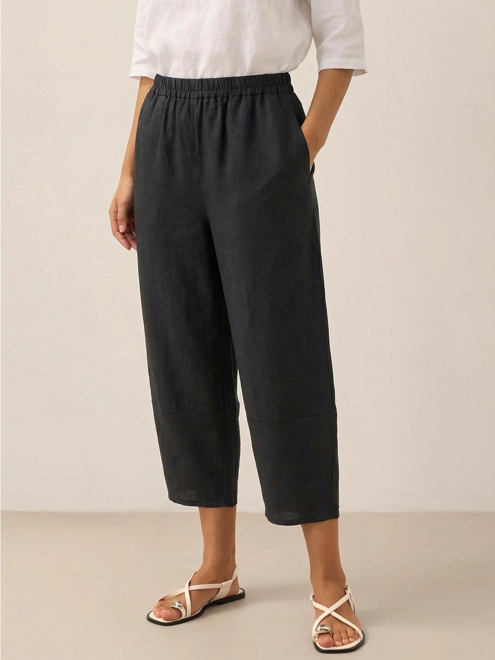 NWOT Lintico 100% Linen Charcoal Black Crop Pants Rory Size Large Barrel Wide